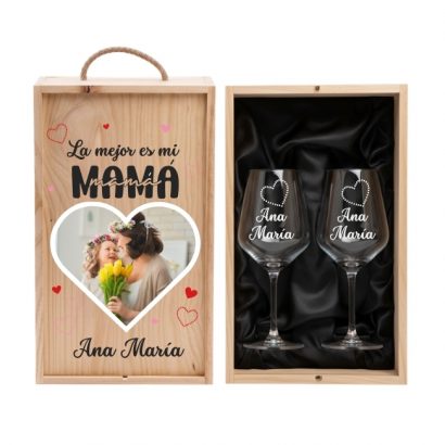 Pack La Mejor Mamá - Copas personalizadas con estuche de madera diseñado para el brindis de madres únicas.
