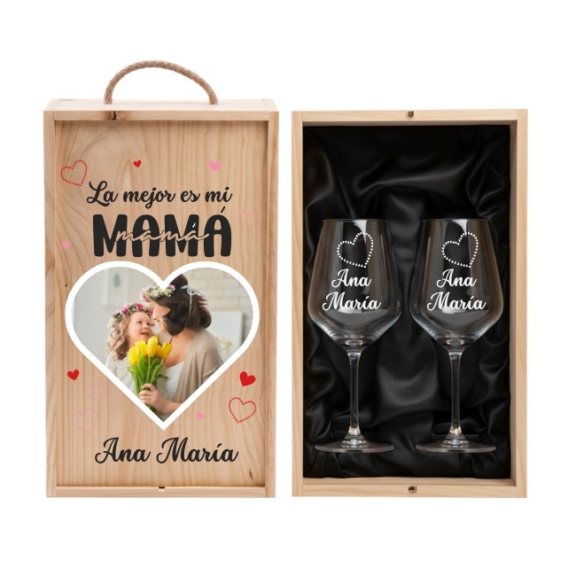 Pack La Mejor Mamá - Copas personalizadas con estuche de madera diseñado para el brindis de madres únicas.