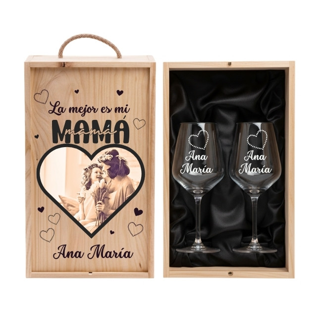 Pack La Mejor Mamá - Copas personalizadas con estuche de madera diseñado para el brindis de madres únicas. - Imagen 2